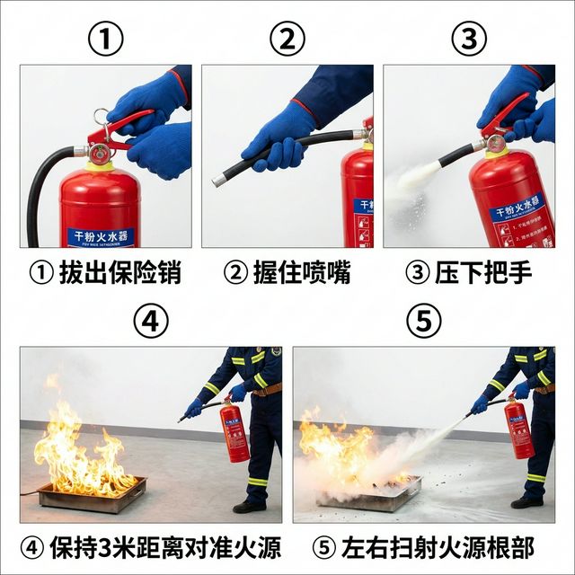 灭火器使用步骤：拔、握、压、距离、扫射