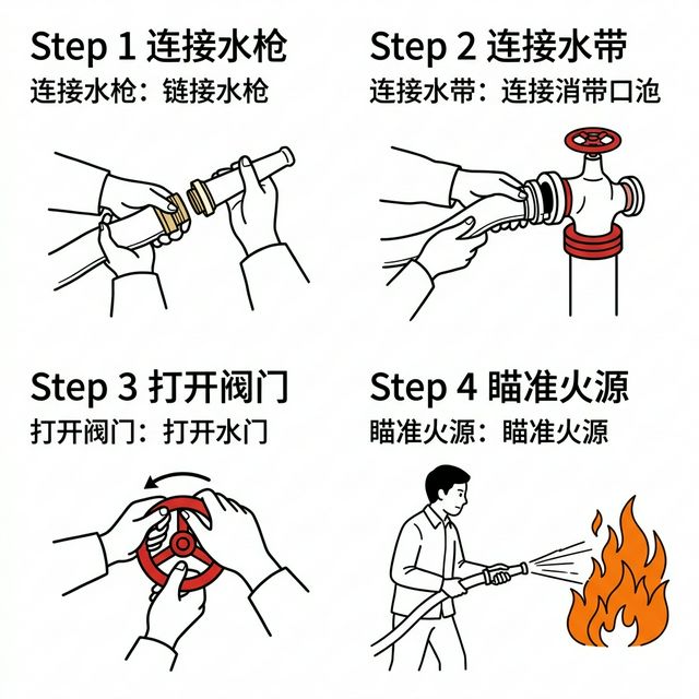 消火栓使用步骤：连接水枪、连接水带、打开阀门、瞄准火源